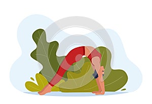 Female character doing yoga exercises on fresh air. Outdoor yoga. Wellness, healthcare and lifestyle concept. Vector illustration