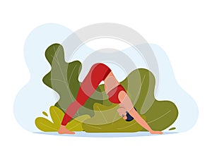 Female character doing yoga exercises on fresh air. Outdoor yoga. Wellness, healthcare and lifestyle concept. Vector illustration