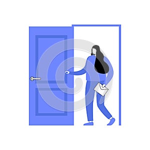 Female character exits door. Vector