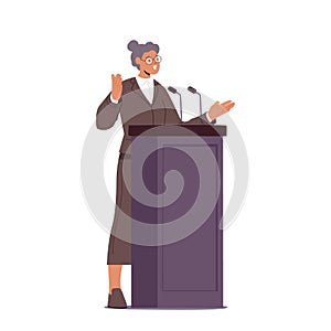 Female Character Giving Speech On Tribune Addressing A Large Audience With Passion And Conviction. Concept