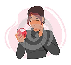 Female Character Grimacing With A Hand On Her Cheek, Holding An Apple. Woman Expressing Pain From Toothache