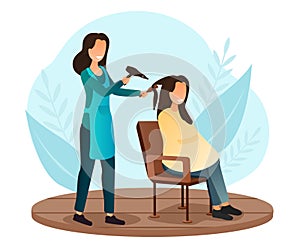 Female character is having her hair cut at hairdressing salon