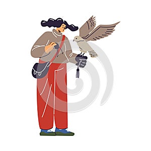 Female character with hawking glove holding falcon and professional equipment, falcon training, Falconry cartoon vector