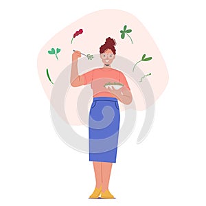 Female Character Holding Bowl with Micro Greens. Woman Nibbles On Microgreens, Savoring Their Fresh Crunch