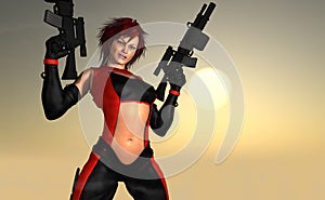 Female character holding guns