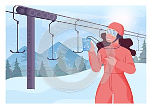Female character holding a skipass card. Woman in outwear standing next to ski