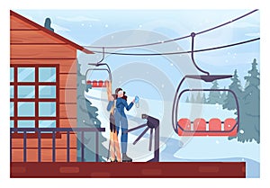 Female character holding a skipass on a ski lift platform. Chairlift lifting