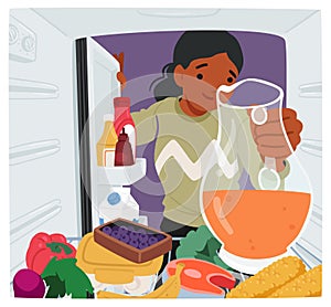 Female Character Leans Into An Open Fridge, Rummaging Through Shelves Crowded With Containers And Various Healthy Foods