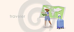 Female character is looking for way using map. Travel concept