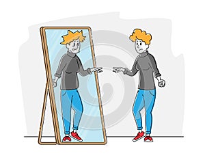 Female Character with Low Self-esteem Looking at Mirror See herself Reflection as Ugly Woman with Old Haggard Face