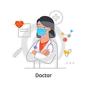Female character in mask is enjoing working as a doctor on white background
