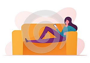 Female Character with Mobile Phone in Hands Lying at Couch Using Innovative Modern Electronic Equipment with Wifi