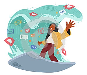 Female Character Navigating Vast Digital Waves on Smartphone Board, Surfing The Internet For Information, Connections