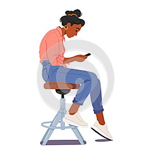 Female Character Perform Improper Pose With Cellphone. Woman Slouches On A Chair, Engrossed In Her Smartphone