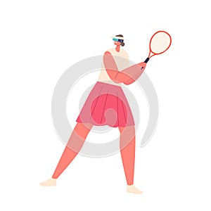 Female Character Play Virtual Reality Tennis On Digital Court, Swinging Racket To Hit Ball Isolated On White Background