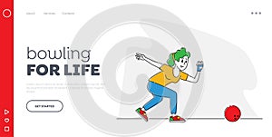 Female Character Playing Bowling Landing Page Template. Leisure, Active Lifestyle. Woman Wear Glove and Shoes Throw Ball