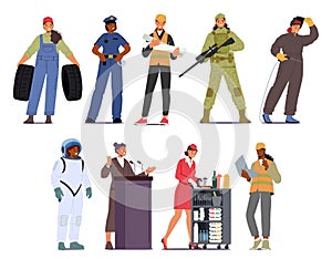 Female Character Professions. Women Garage Mechanic, Police Officer, Architect or Contractor. Soldier, Welder, Astronaut