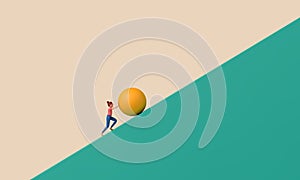 Female character pushing a large ball up a steep hill. Business determination concept. 3D Rendering