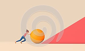 Female character pushing a large ball up a steep hill. Business determination concept. 3D Rendering