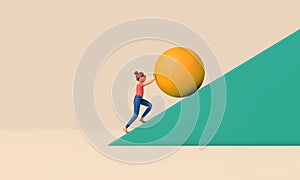 Female character pushing a large ball up a steep hill. Business determination concept. 3D Rendering