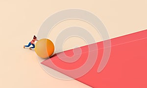 Female character pushing a large ball up a steep hill. Business determination concept. 3D Rendering