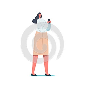 Female Character with Smartphone. Internet Entertainment, Young Woman Writing Sms, Communicating in Social Networks