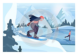 Female character on snowboard, freeriding. Snowboarder riding and jumping