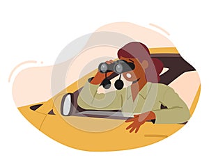 Female Character Spying, Woman Detective, Agent, Investigator or Business Competitor Sitting in Car Look in Binoculars