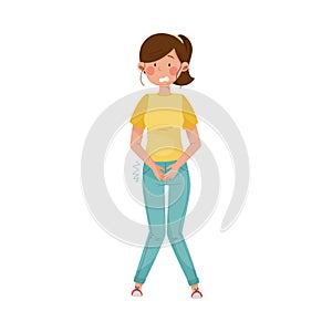 Female Character Standing with Symptom of Diabetes Such as Frequent Urination Vector Illustration