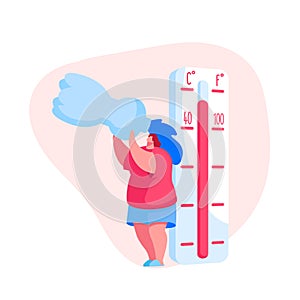 Female Character Suffer of Hot Temperature during Summer Time at Home or Outside. Woman Drinking Water