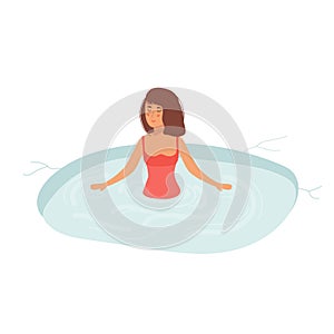 female Character Swimming in Ice. Healthy lifestyle challenge, sport activity concept. Hole in Winter Season. Woman Temper,