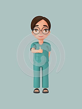 A female character ties her hair into a bun in a green nursing assistant uniform. 3d illustration