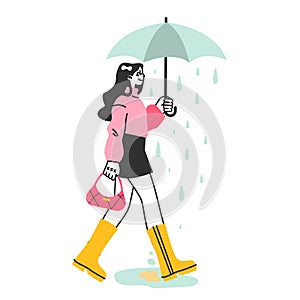 Female character under the rain. Rainy and cloudy weather in summer