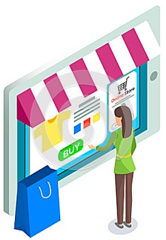 Female character uses app for online shopping. Woman buyer chooses product in internet store