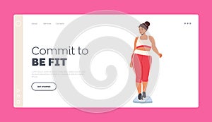 Female Character Weight Loss Concept Landing Page Template. Plus Size Fat Woman Wear Sports Suit Stand on Scales