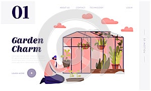 Female Character Working in Greenhouse Landing Page Template. Woman Planting Plants from Pots to Soil in Winter Garden