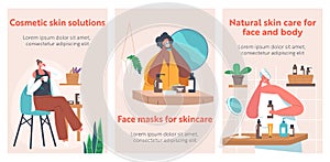 Female Characters Applying Cosmetics Cartoon Banners , Woman with Facial Mask, Eye Pads and Cream Jars. Face Skin Care