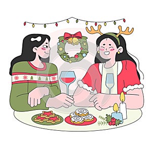 Female characters celebrate christmas and new year. Cute friends