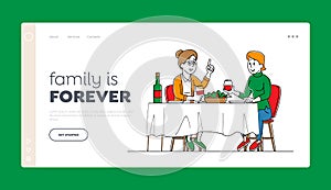Female Characters Chatting, Having Feast Leisure, Sparetime Landing Page Template. Women Sitting at Table with Food