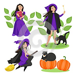 Female characters for Halloween set. A cute witch in a cloak and stockings flies on a broomstick, a black cat, pumpkins