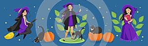 Female characters for Halloween set. A cute witch in a cloak and stockings flies on a broomstick, a black cat, pumpkins