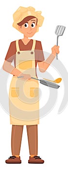 Female chef character in cook hat. Professional kitchen worker