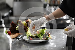 Female chef cooking tasty food in restaurant kitchen