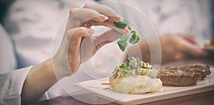 Female chef garnishing a plate with steak photo