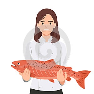 Female Chef Holding Fresh Salmon Fish