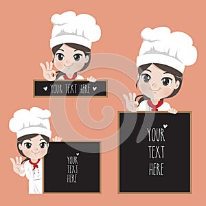 The female chef holds a signage for cafe food and restaurant. photo