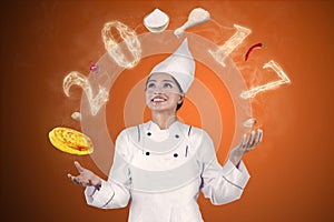 Female chef is juggling ingredients