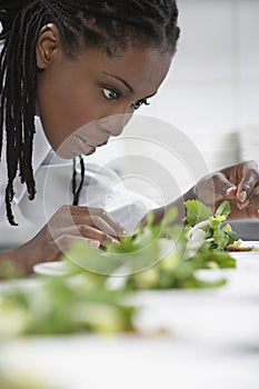 Female Chef Preparing Salad In Kitchen