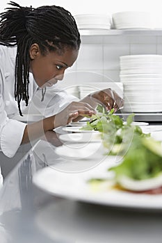 Female Chef Preparing Salad In Kitchen