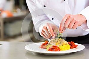 Female Chef in restaurant kitchen cooking